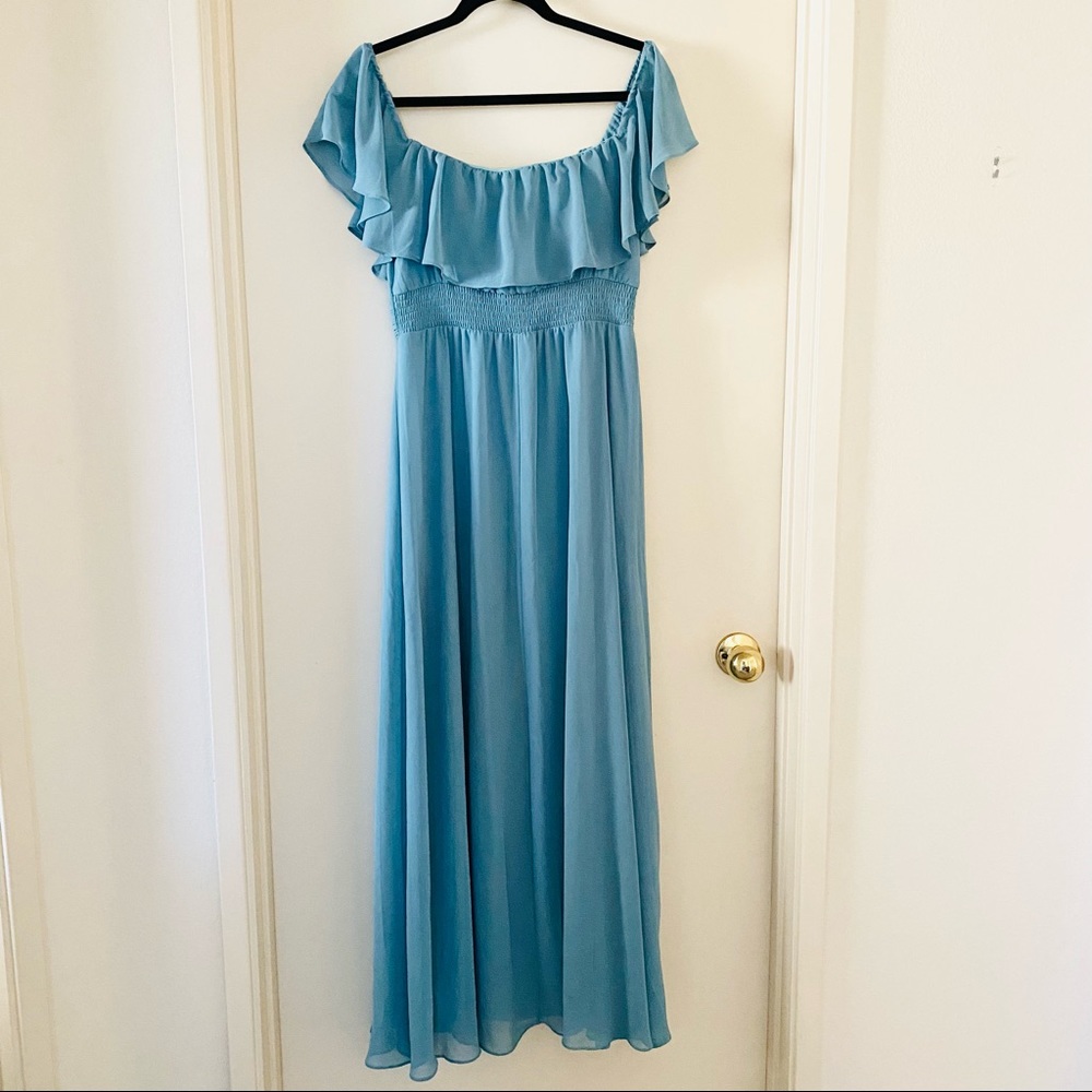 Ever Pretty Dusty Blue Off Shoulder Ruffle Side Split Bridesmaid Dress - Picture 4 of 4